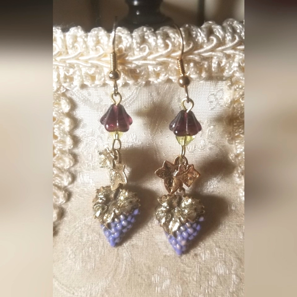 🍇 Grape Cluster Handmade Handpainted Purple Crystal & Brass Earrings